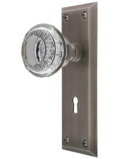 New York Mortise-Lock Set with Ovolo Crystal-Glass Knobs and Keyhole in Antique Pewter.
